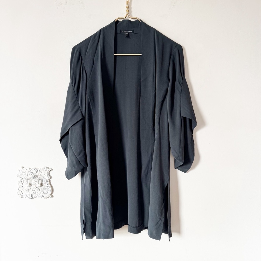 Eileen Fisher Black Silk Georgette Crepe Kimono Draped Open Blazer Jacket S - Picture 1 of 8